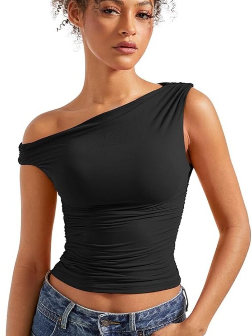 Suuksess Black Ruched Off-Shoulder Sleeveless Top, size XS